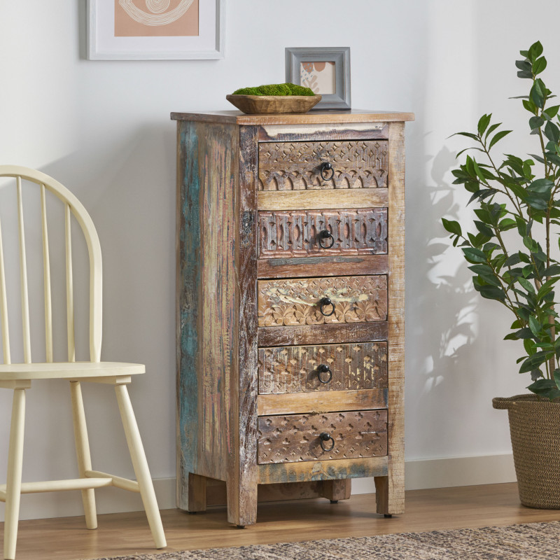 314325 Swint Boho Handcrafted 5 Drawer Chest, Multi-Colored and Natural