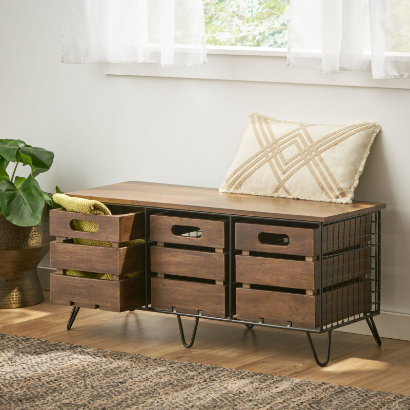 314328 Wilhoit Modern Industrial Handcrafted Mango Wood Storage Bench with Drawers, Cafe Brown and Black