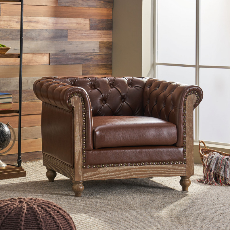314388 Castalia Chesterfield Tufted Club Chair with Nailhead Trim, Dark Brown and Natural