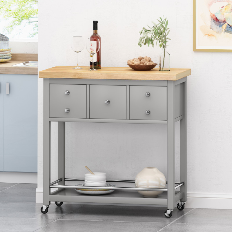 314399 Warnock Contemporary Storage Kitchen Cart with Wheels, Natural and Gray
