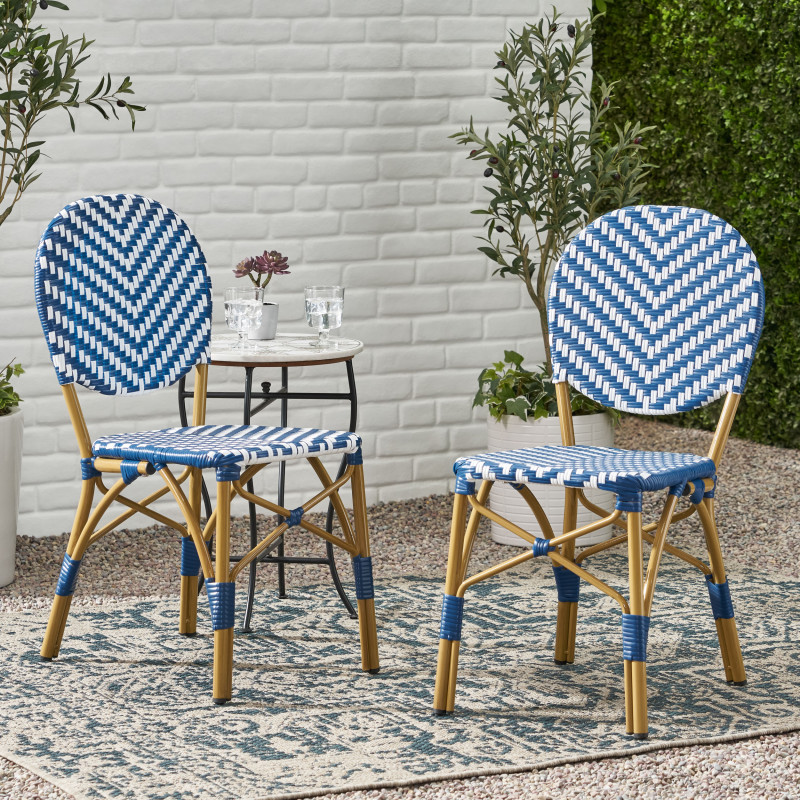 314440 Picardy Outdoor Aluminum French Bistro Chairs (Set of 2), Navy Blue, White, and Bamboo Finish