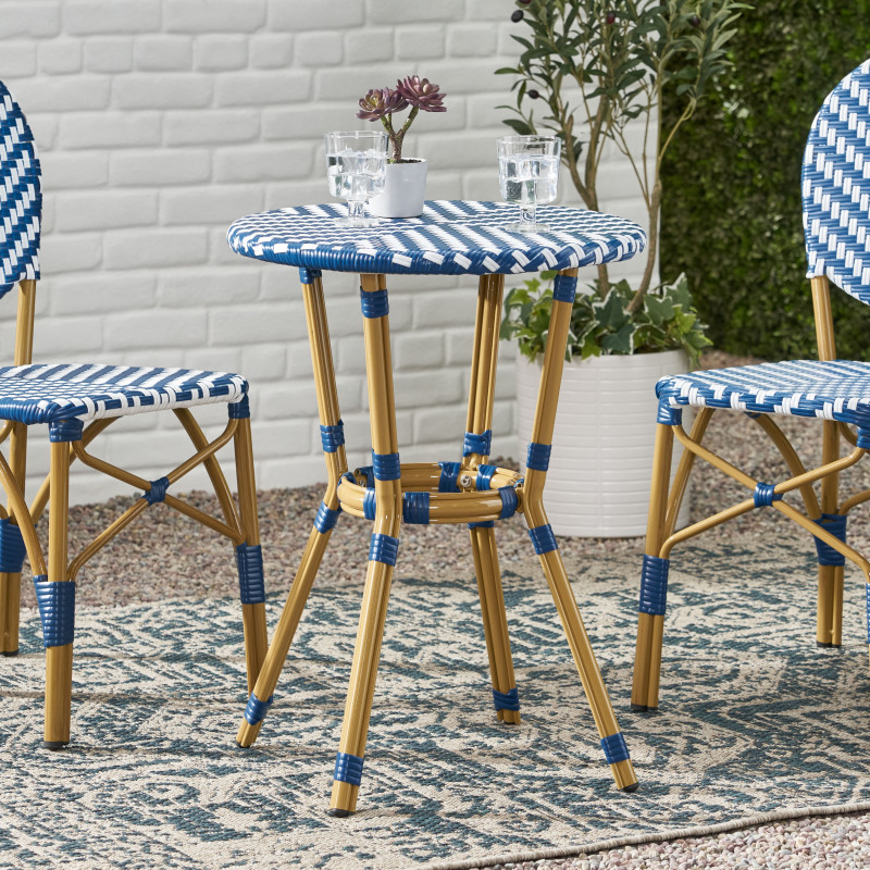 314444 Picardy Outdoor Aluminum French Bistro Table, Navy Blue, White, and Bamboo Finish