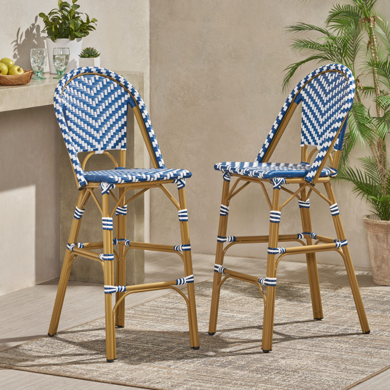 314446 Kinner Outdoor Aluminum French Barstools (Set of 2), Navy Blue, White, and Bamboo Finish