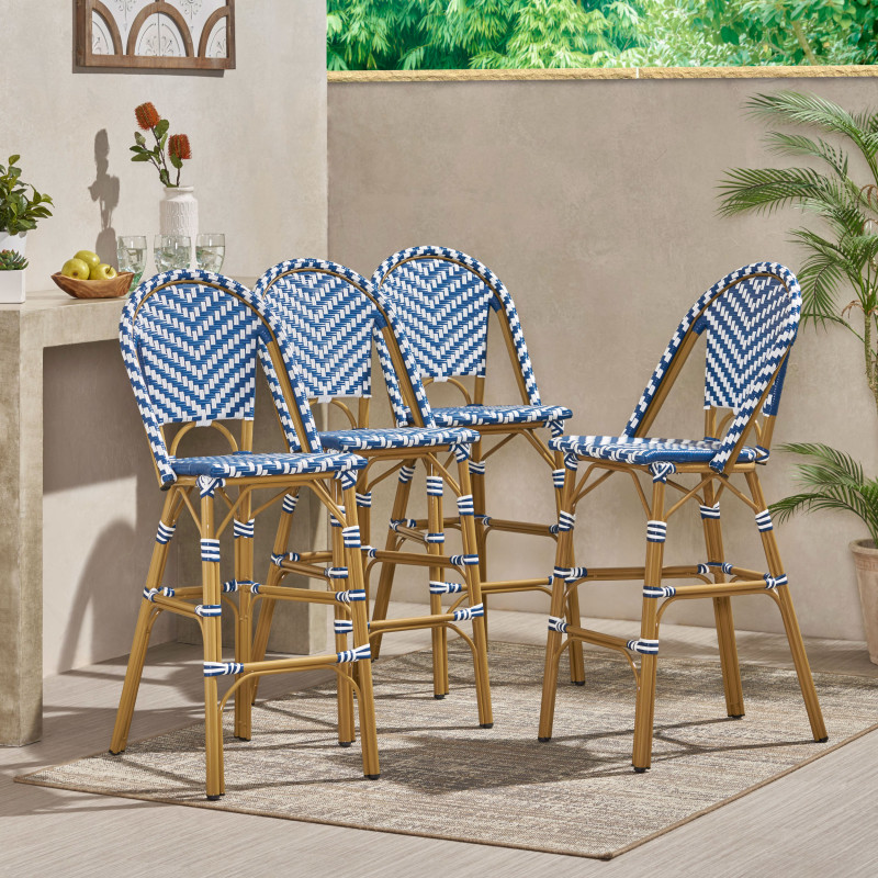 314449 Kinner Outdoor Aluminum French Barstools (Set of 4), Navy Blue, White, and Bamboo Finish