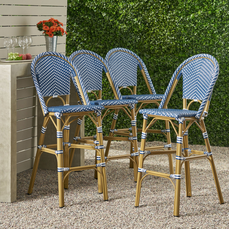 314451 Kinner Outdoor Aluminum French Barstools (Set of 4), Dark Teal, White, and Bamboo Finish