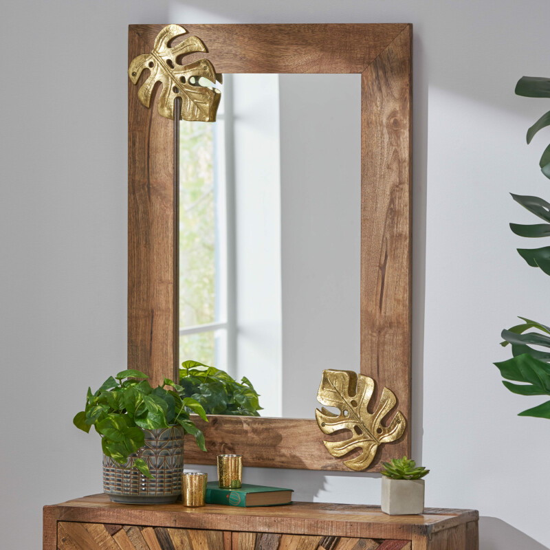 314483 Ridgeway Boho Handcrafted Rectangular Mango Wood Wall Mirror, Natural and Antique Gold