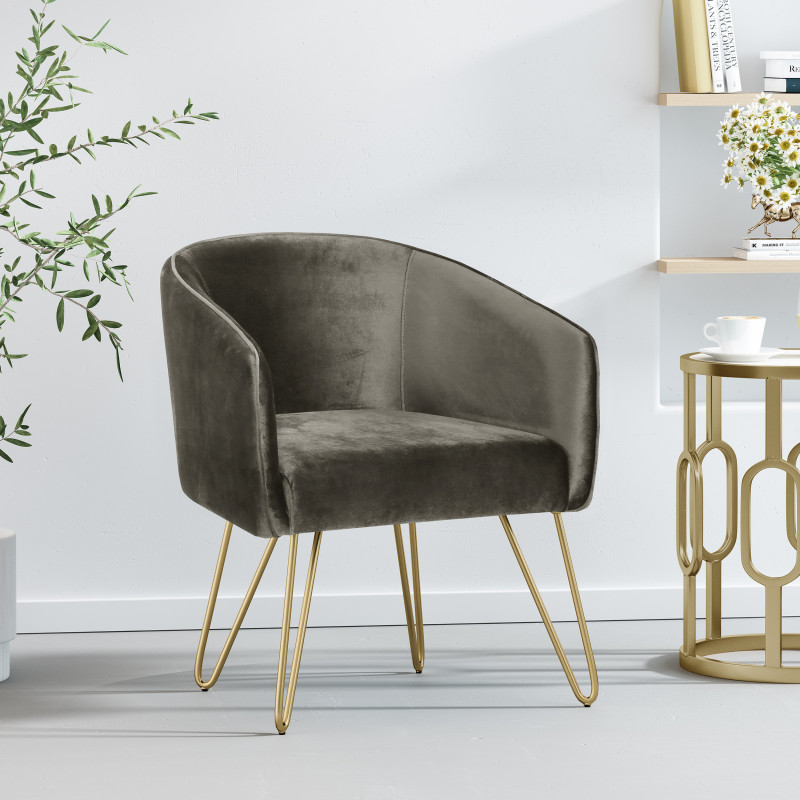 314493 Grelton Modern Glam Velvet Club Chair with Hairpin Legs, Gray and Gold