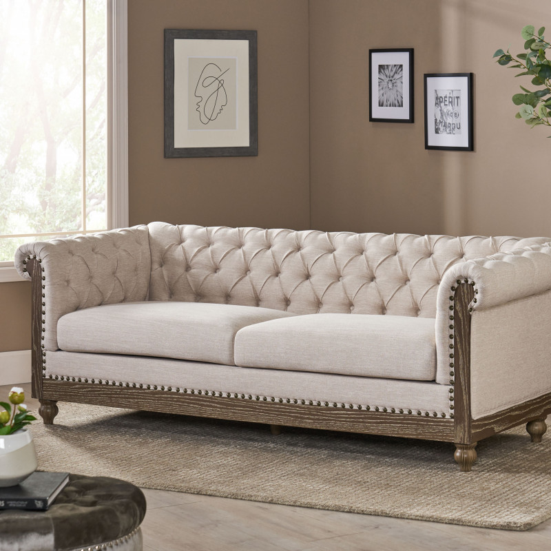 314533 Castalia Chesterfield Tufted Fabric 3 Seater Sofa with Nailhead Trim, Beige and Dark Brown