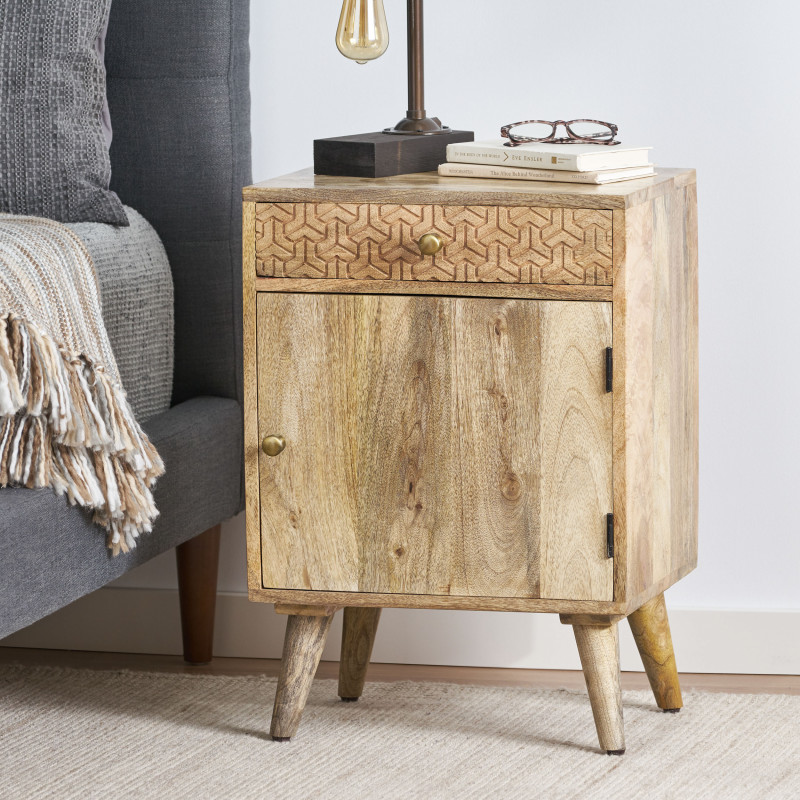 314569 Lytle Boho Handcrafted Mango Wood Nightstand with Storage, Natural