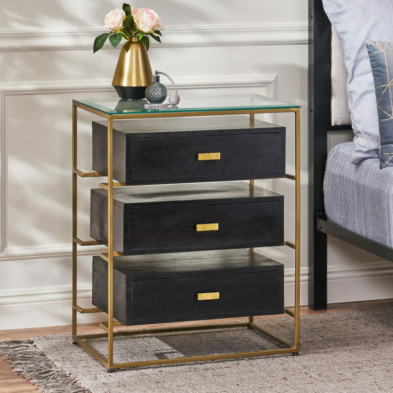 314711 Hoadley Modern Handcrafted 3 Drawer Glass Top Nightstand, Black and Brass