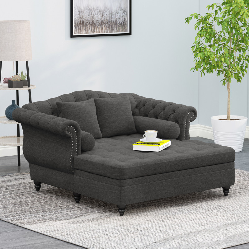 314715 Wellston Contemporary Tufted Double Chaise Lounge with Accent Pillows, Charcoal and Dark Brown