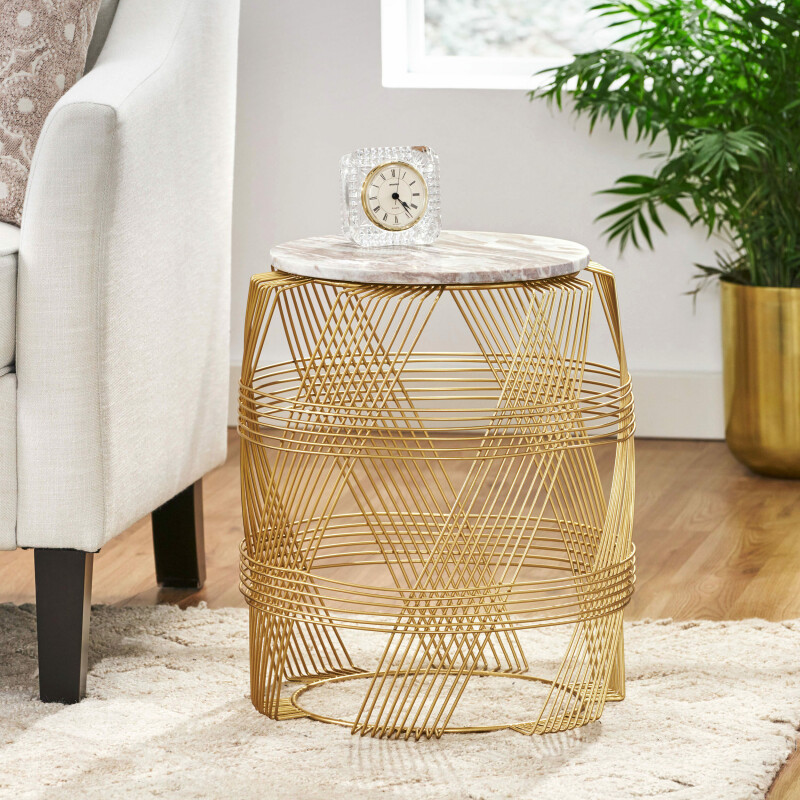 314779 Tiro Modern Glam Handcrafted Marble Top Wire Frame Side Table, Natural and Gold