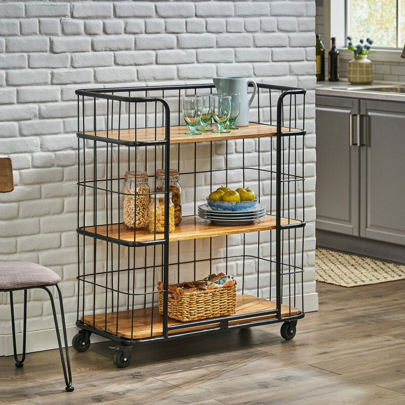314791 Colwill Modern Industrial Handcrafted Mango Wood Kitchen Cart with Wheels, Natural and Black
