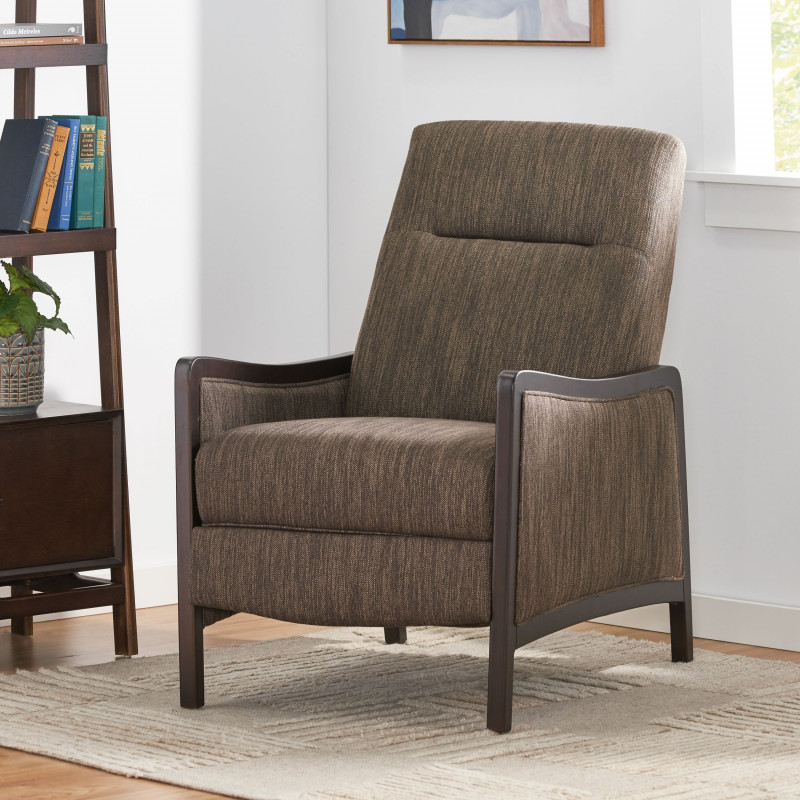 314816 Veatch Contemporary Upholstered Pushback Recliner, Brown and Dark Walnut