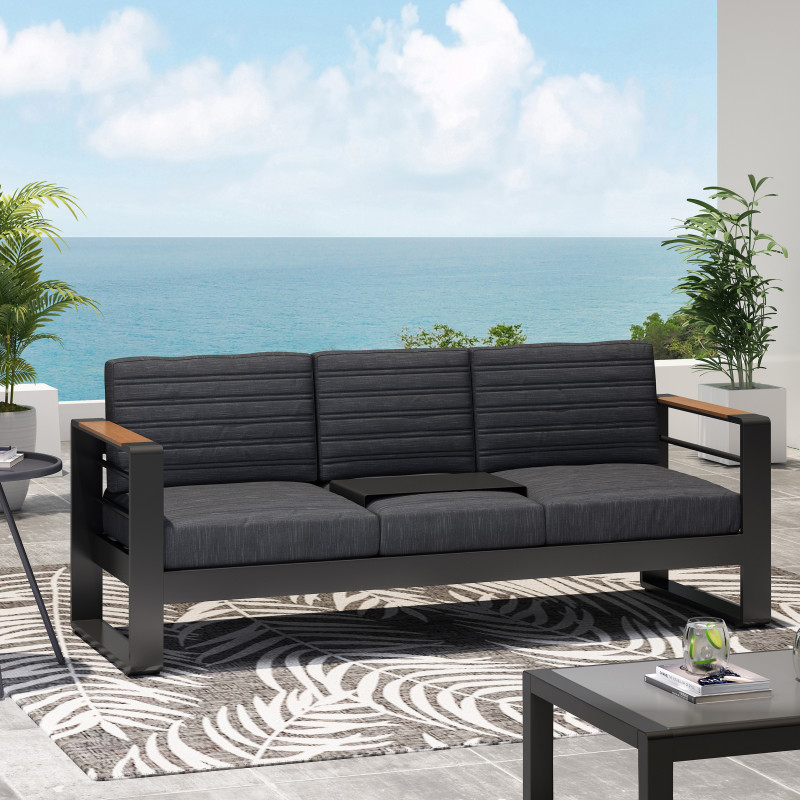 314852 Giovanna Outdoor Aluminum 3 Seater Sofa with Water Resistant Cushions, Black, Natural, and Dark Gray