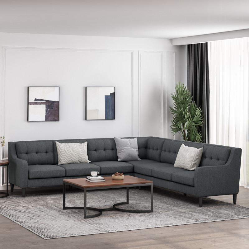 314886 Worden Contemporary Tufted Fabric 7 Seater Sectional Sofa Set, Charcoal and Espresso