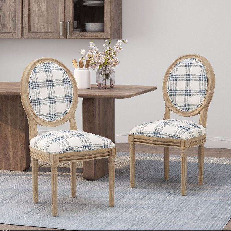 314915 Phinnaeus French Country Fabric Dining Chairs (Set of 2), Dark Blue Plaid and Light Beige