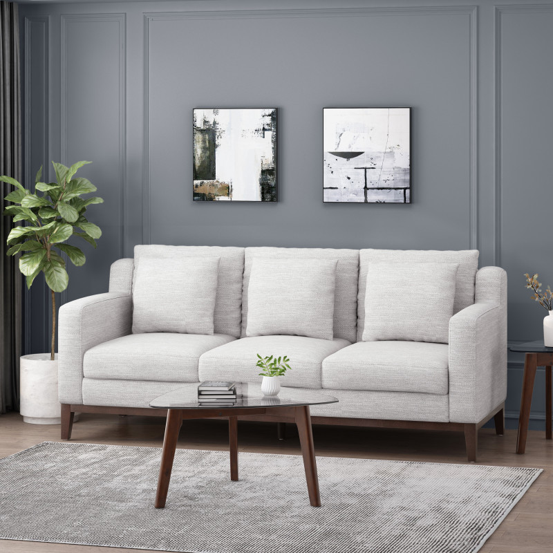 314942 Elliston Contemporary Fabric 3 Seater Sofa with Accent Pillows, Light Gray and Dark Walnut
