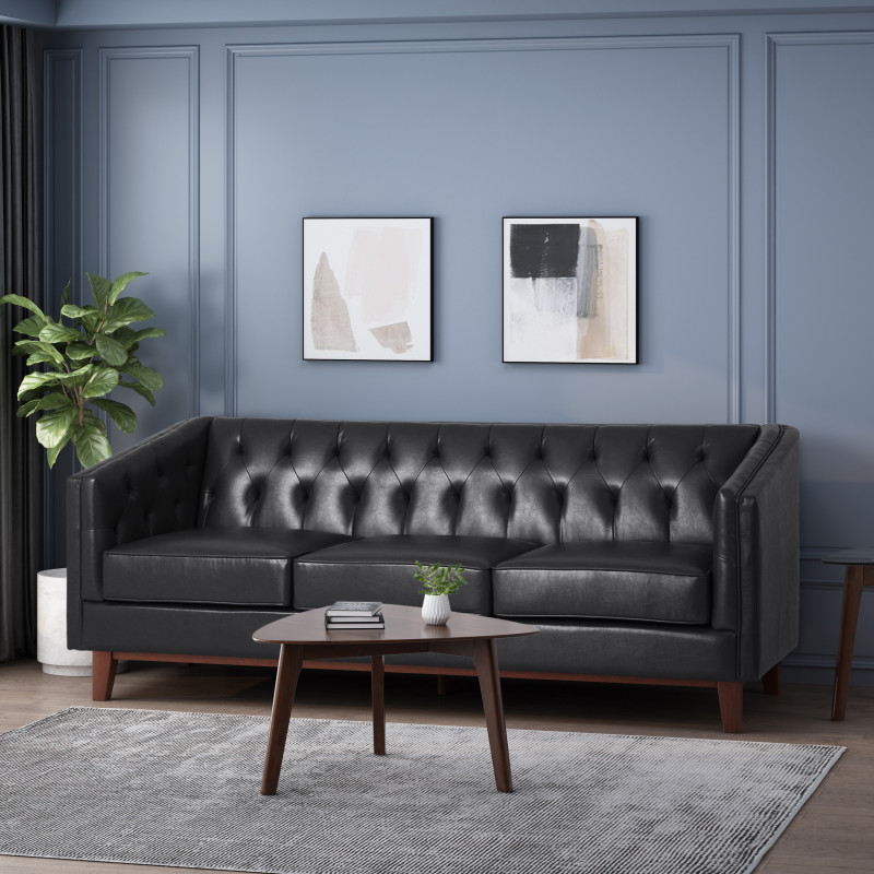 314943 Ovando Contemporary Upholstered 3 Seater Sofa, Midnight Black and Espresso