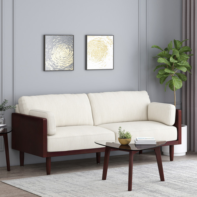 314952 Sofia Mid-Century Modern Upholstered 3 Seater Sofa, Beige and Dark Walnut