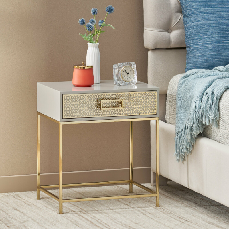 314966 Reser Modern Glam Handcrafted Scroll Mesh Nightstand, Light Gray and Gold