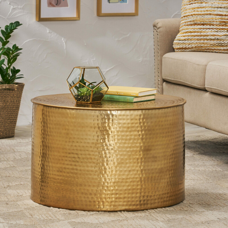 314974 Yantic Modern Handcrafted Aluminum Drum Coffee Table, Brass