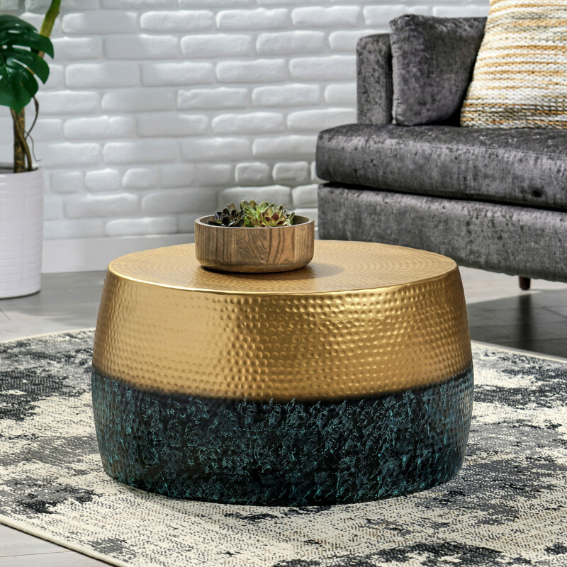 315022 Muffley Modern Handcrafted Two-Toned Aluminum Drum Coffee Table, Brass and Patina Blue