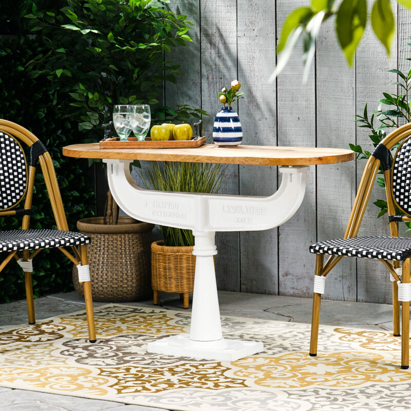 315024 Vaill Outdoor Handcrafted Mango Wood Bistro Table, Natural and White