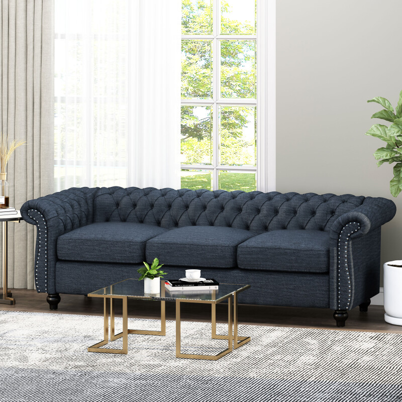 Parksley Tufted Chesterfield Fabric 3 Seater Sofa, Navy Blue and Dark ...