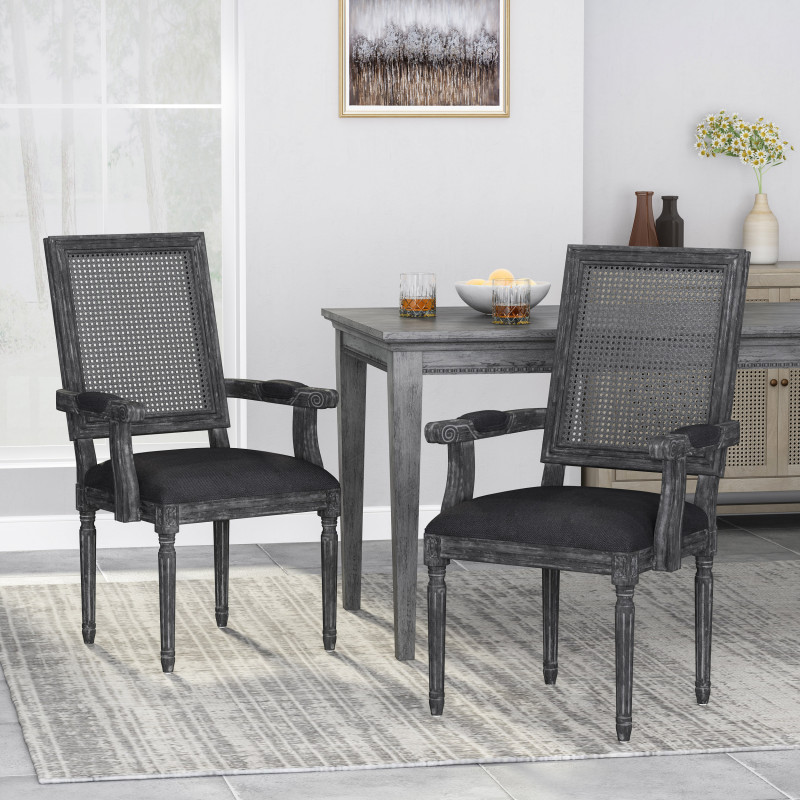 315125 Maria French Country Wood and Cane Upholstered Dining Chair (Set of 2) Black and Gray
