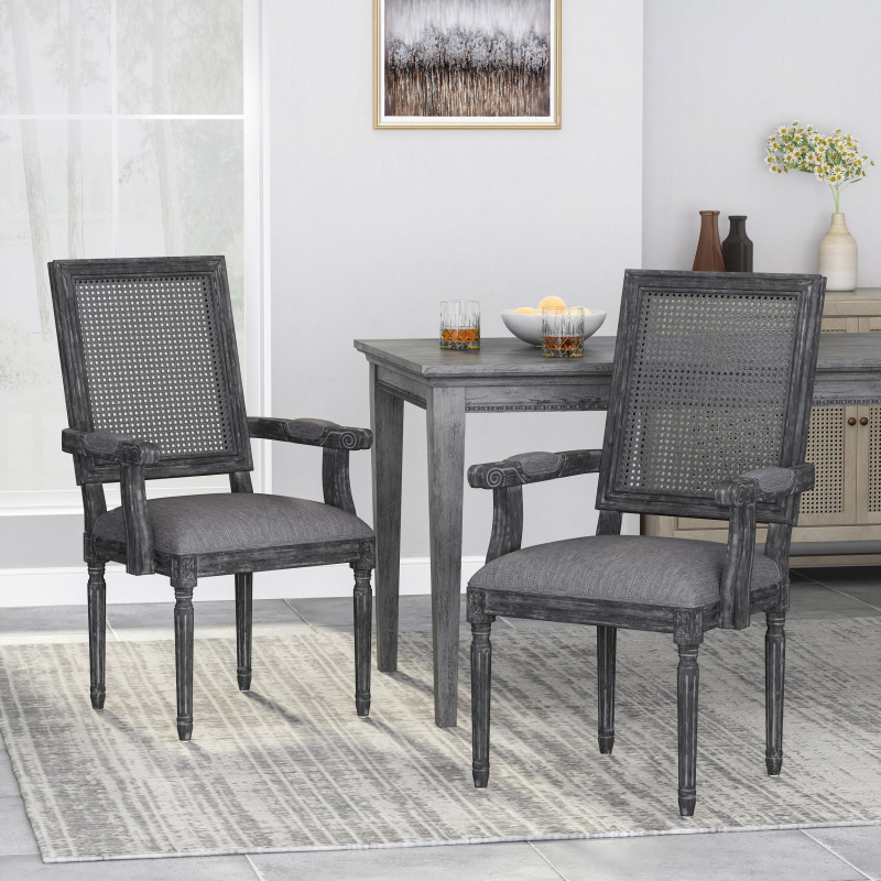 315127 Maria French Country Wood and Cane Upholstered Dining Chair (Set of 2) Gray