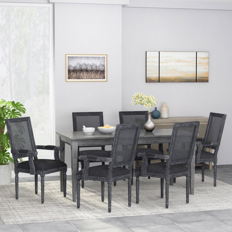 315135 Maria French Country Wood and Cane Upholstered Dining Chair (Set of 6) Black and Gray