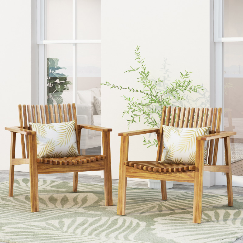 315534 Monarch Outdoor Acacia Wood Slatted Club Chairs (Set of 2), Teak
