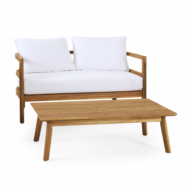 315614 Ellendale Outdoor Acacia Wood Loveseat and Coffee Table Set, Teak and White