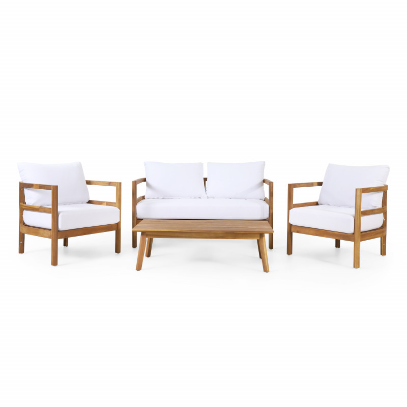 315650 Ellendale Outdoor Acacia Wood 4-Seater Chat Set with Cushion, Teak and White