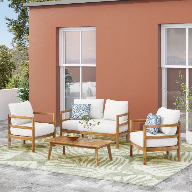 315650 Ellendale Outdoor Acacia Wood 4-Seater Chat Set with Cushion, Teak and White