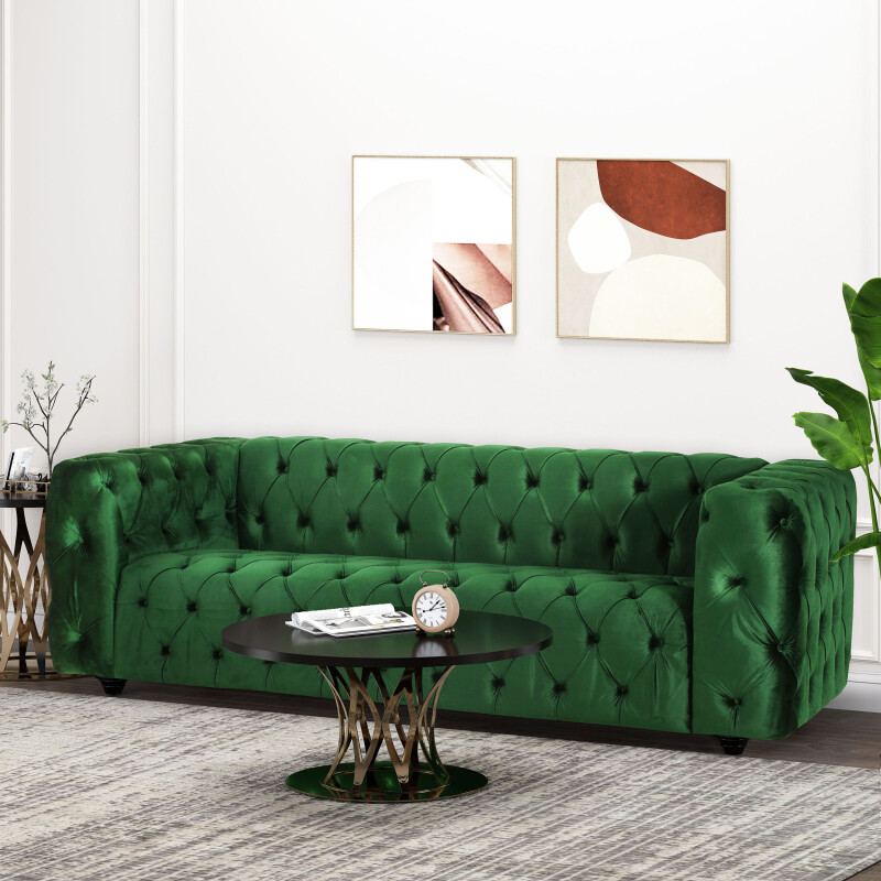 315849 Sagewood Contemporary Velvet Tufted 3 Seater Sofa, Emerald and Espresso