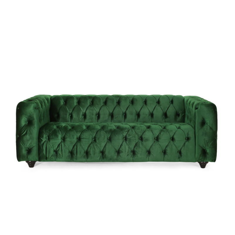 315849 Sagewood Contemporary Velvet Tufted 3 Seater Sofa, Emerald and Espresso