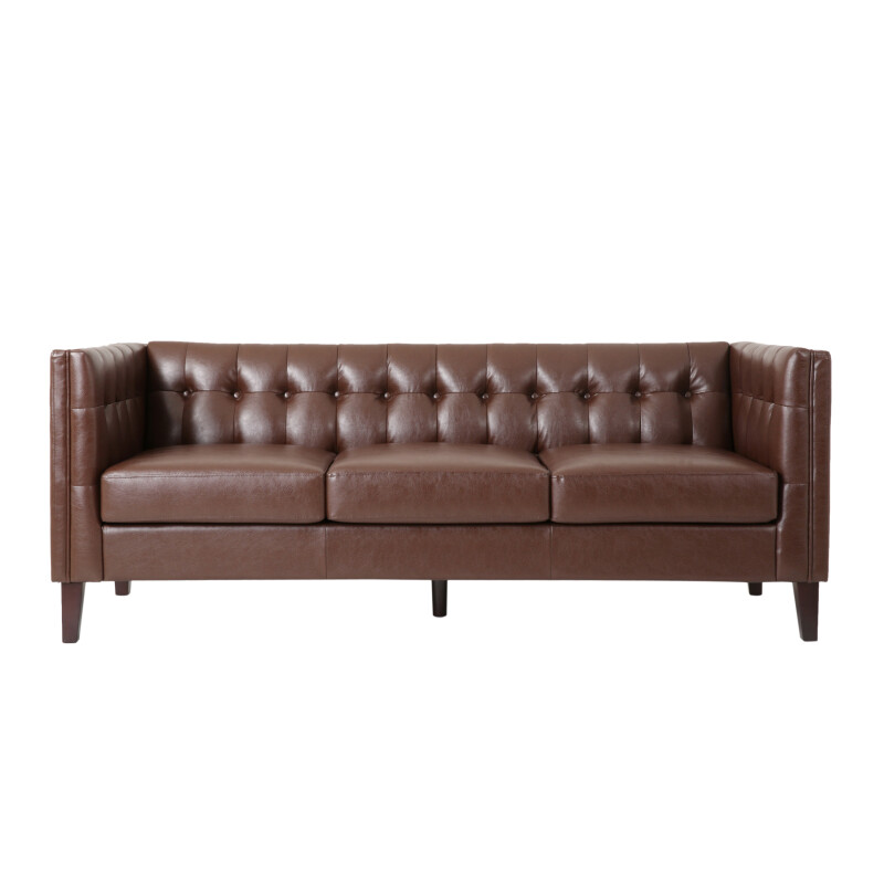 316031 Pondway Contemporary Faux Leather Tufted 3 Seater Sofa, Dark Brown and Brown