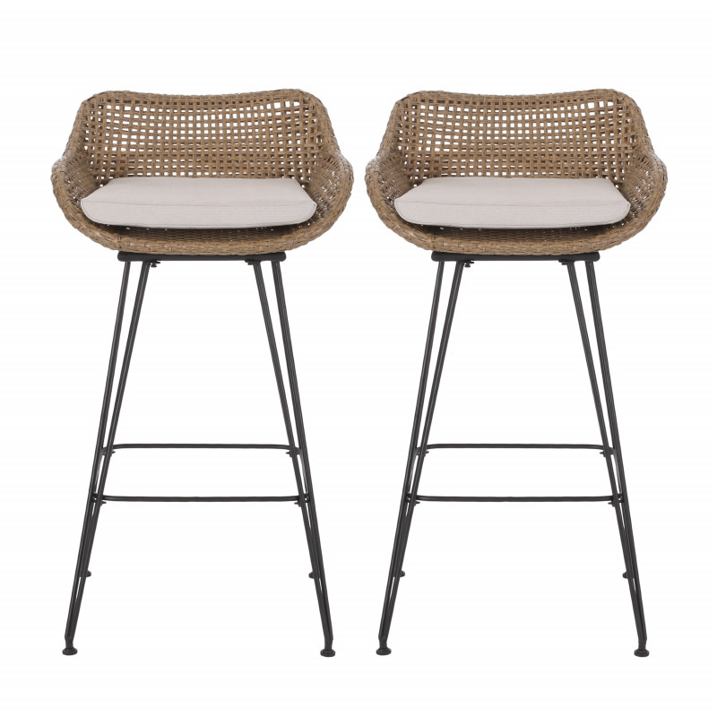 316042 Kevin Outdoor Wicker and Iron Barstools with Cushion (Set of 2), Light Brown and Beige