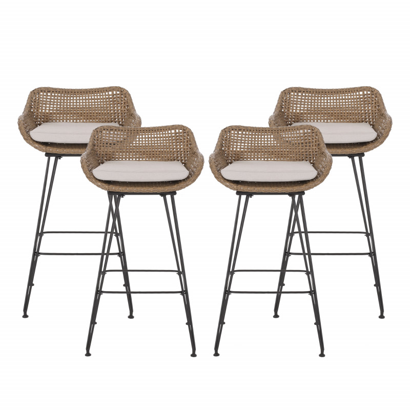 316044 Kevin Outdoor Wicker and Iron Barstools with Cushion (Set of 4), Light Brown and Beige