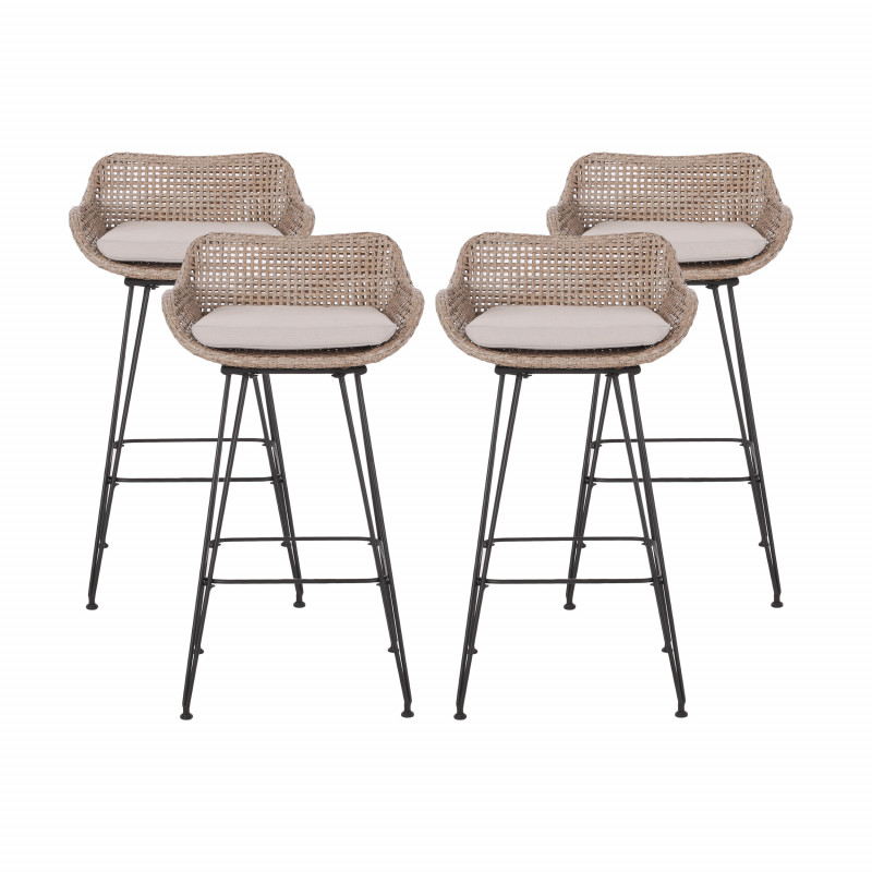 316045 Kevin Outdoor Wicker and Iron Barstools with Cushion (Set of 4), Mixed Brown and Beige