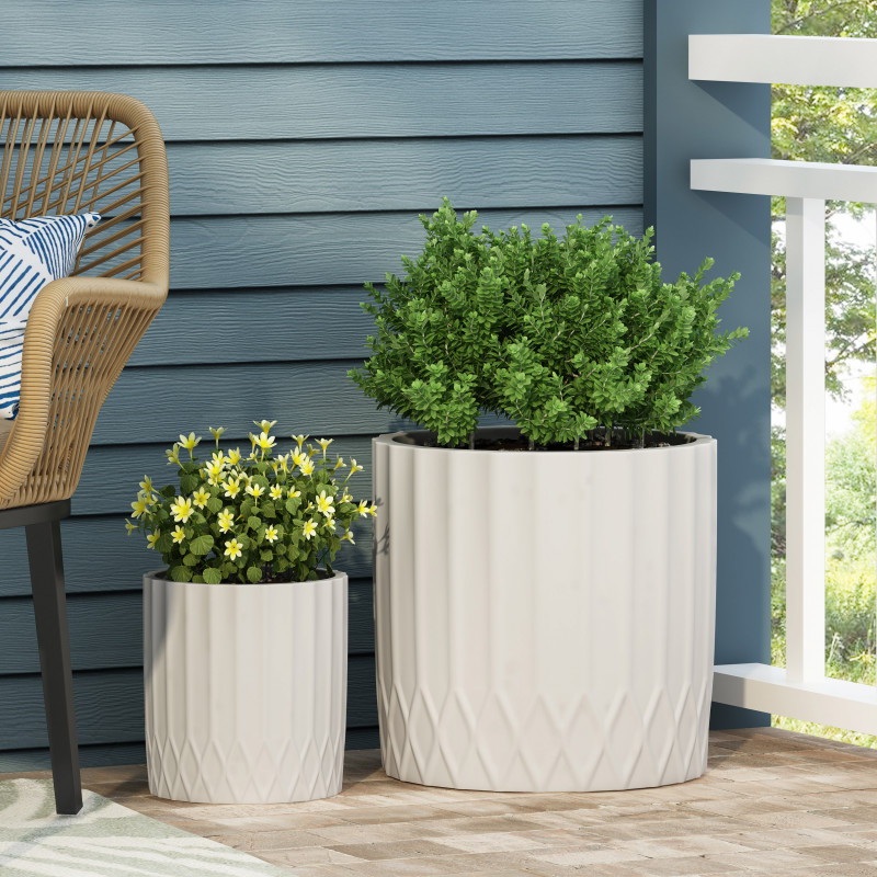 316066 Evans Outdoor Small and Large Cast Stone Planter Set, Antique White