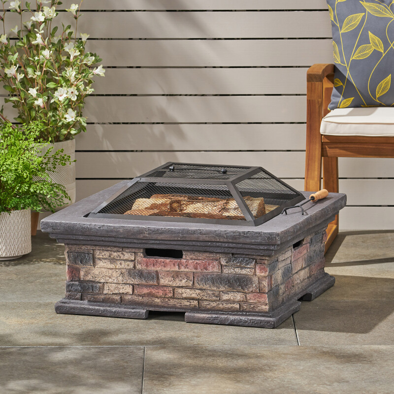 316073 Pickerel Outdoor Lightweight Concrete Wood Burning Square Fire Pit, Stone Finish