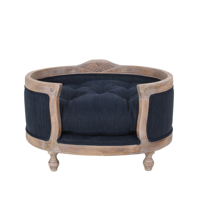 316079 Gilmanton Contemporary Upholstered Medium Pet Bed with Wood Frame, Navy Blue and Antique Natural