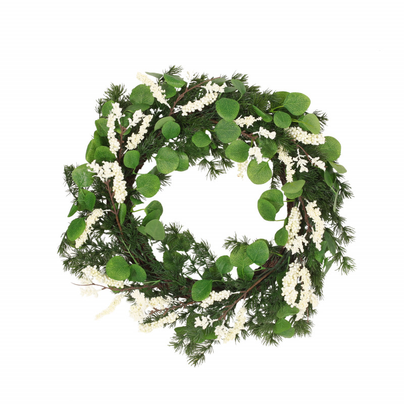 316183 Leigh 25.5" Eucalyptus and Pine Artificial Wreath with Berries Green and White