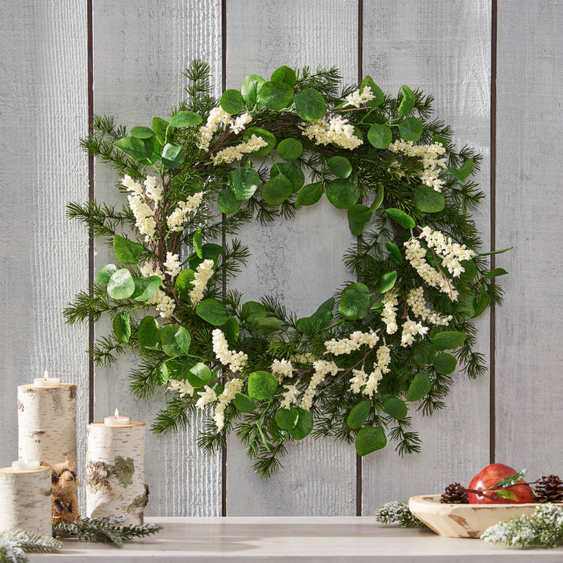316183 Leigh 25.5" Eucalyptus and Pine Artificial Wreath with Berries Green and White