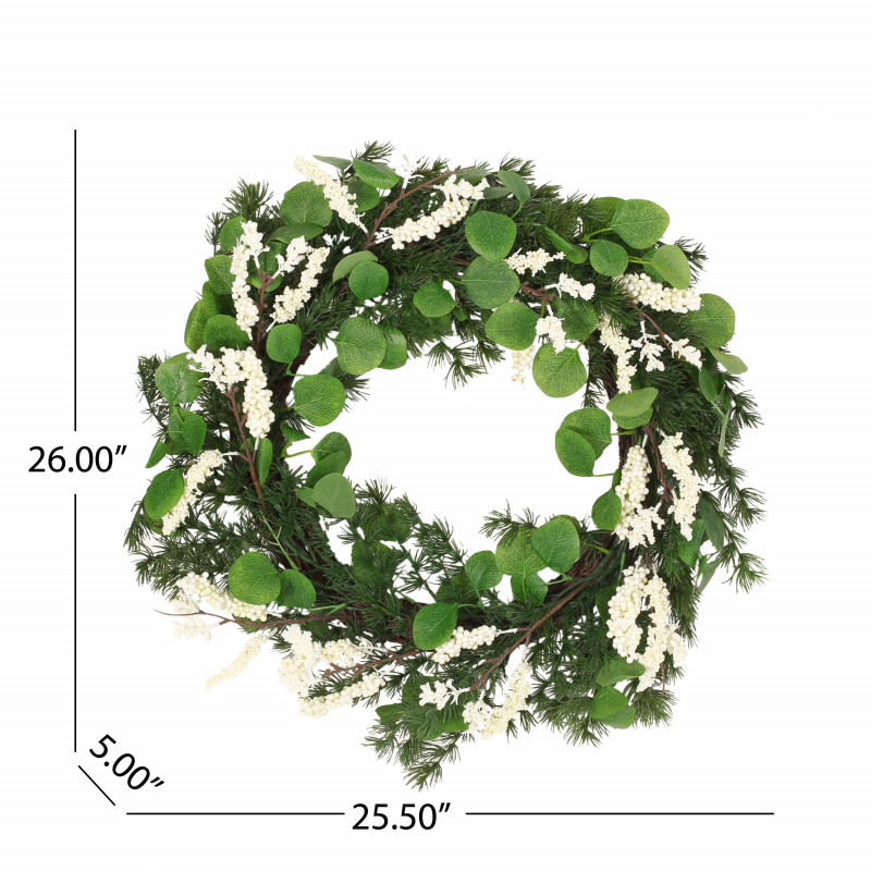 316183 Leigh 25.5 Eucalyptus And Pine Artificial Wreath With Berries Green And White 3