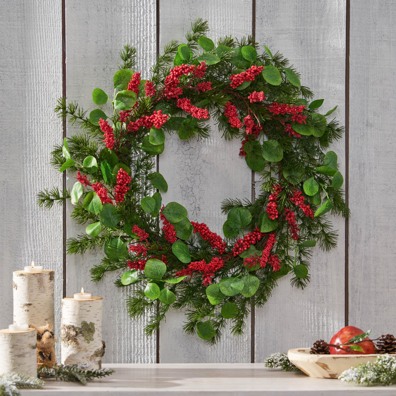 316184 Leigh 25.5" Eucalyptus and Pine Artificial Wreath with Berries Green and Red