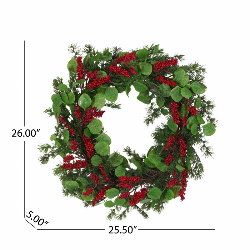 316184 Leigh 25.5 Eucalyptus And Pine Artificial Wreath With Berries Green And Red 3